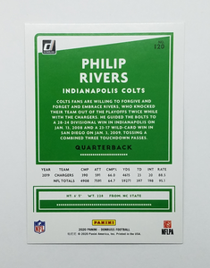 Back of the 2020 Donruss Press Proof Silver Parallel 15/100 Philip Rivers Colts Football Card