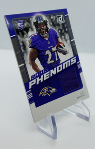 Side view of the 2020 Donruss Rookie Phenoms J.K. Dobbins Baltimore Ravens Rookie Patch Football Card