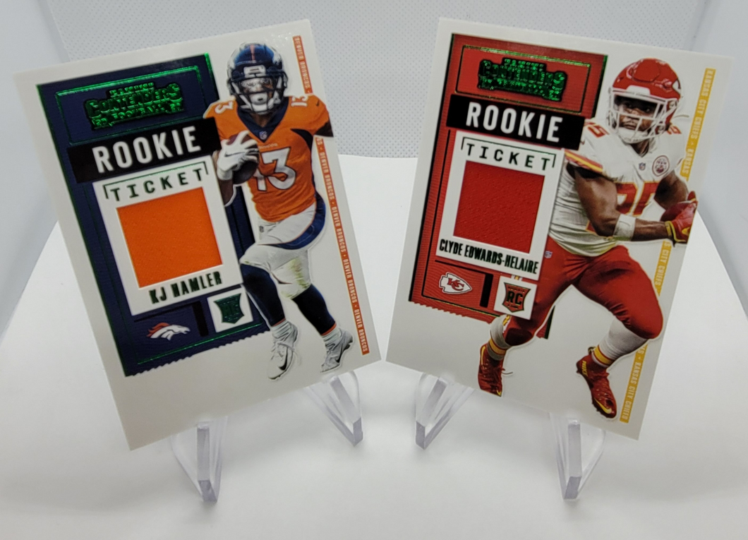 2020 Panini Contenders Clyde Edwards Helaire & KJ Hamler Rookie Ticket Patch Green Parallel Football Cards