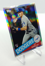 Load image into Gallery viewer, Side view of the 2020 Topps Chrome 35th Anniversary Refractor Gavin Lux Rookie Baseball Card
