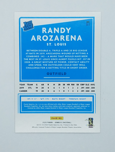 Back of the 2020 Donruss Randy Arozarena Rated Rookie Red Parallel Refractor Baseball Card