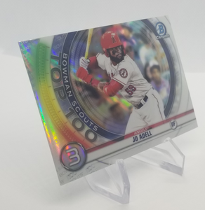 Side view of 2020 Bowman Chrome Bowman Scouts Top 100 Jo Adell from the Los ANgeles Angels. From elevatesportscards.com