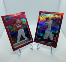 Load image into Gallery viewer, 2020 Donruss Tampa Bay Rays Randy Arozarena Rated Rookie &amp; Hunter Renfroe Red Parallel Refractor Baseball Cards
