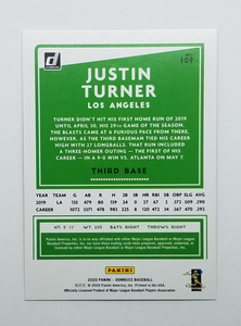 Back of the 2020 Donruss Orange Parallel Justin Turner Baseball Card