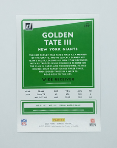 Back of the 2020 Donruss Gold Press Proof Golden Tate III Football Card 33/50