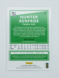 Back of the 2020 Donruss Hunter Renfroe Red Parallel Refractor Baseball Card