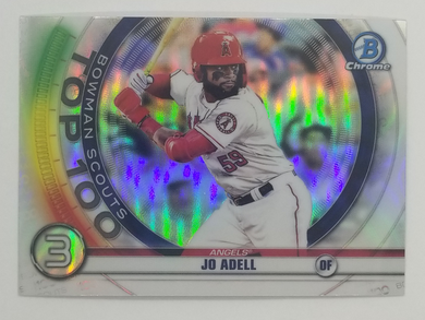 2020 Bowman Chrome Bowman Scouts Top 100 Jo Adell from the Los ANgeles Angels. From elevatesportscards.com