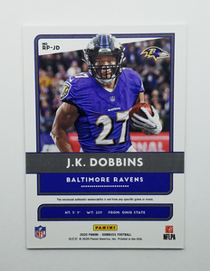 Back of the 2020 Donruss Rookie Phenoms J.K. Dobbins Baltimore Ravens Rookie Patch Football Card
